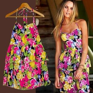 Moda International Barbie Tropical Print Bustier Peplum Ruffle Halter Mini Dress
